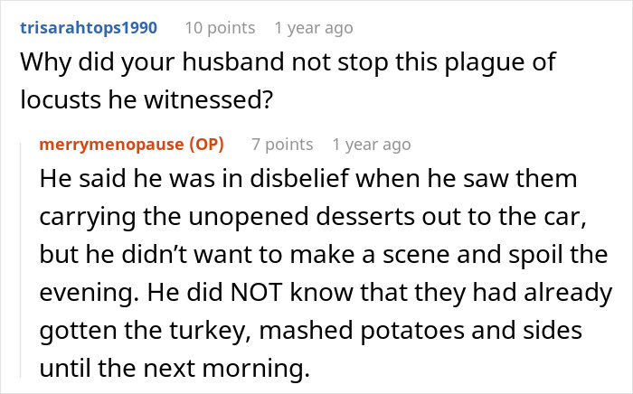 Screenshot of a Reddit conversation about a Thanksgiving host left in shock after family clears leftovers and empties the fridge.