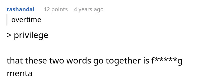 Reddit comment discussing privilege and overtime, highlighting a coffee shop worker’s experience with manager rules. Reddit comment discussing privilege and overtime, highlighting a coffee shop worker’s experience with manager rules.