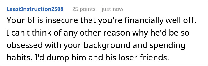 Screenshot of an online comment discussing a boyfriend accused of insecurity over girlfriend’s spending to prove herself. Screenshot of an online comment discussing a boyfriend accused of insecurity over girlfriend’s spending to prove herself.