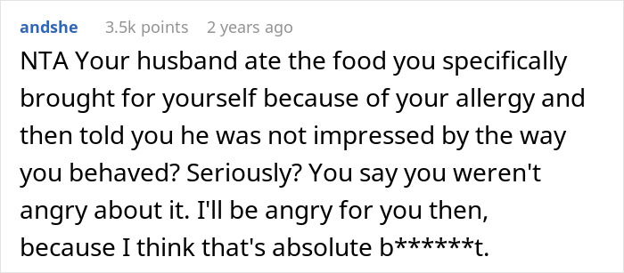 Reddit comment discussing husband and family conflict over a picky eater with allergies and food boundaries. Reddit comment discussing husband and family conflict over a picky eater with allergies and food boundaries.