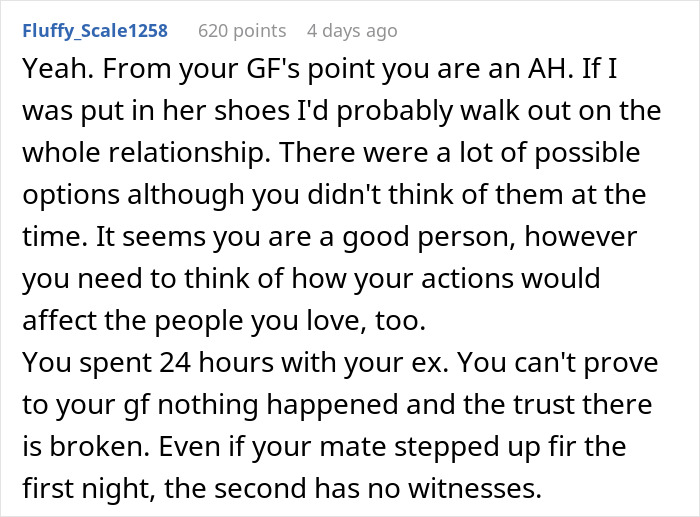 Comment discussing a guy going above and beyond for his ex, and his current partner being upset about it. Comment discussing a guy going above and beyond for his ex, and his current partner being upset about it.