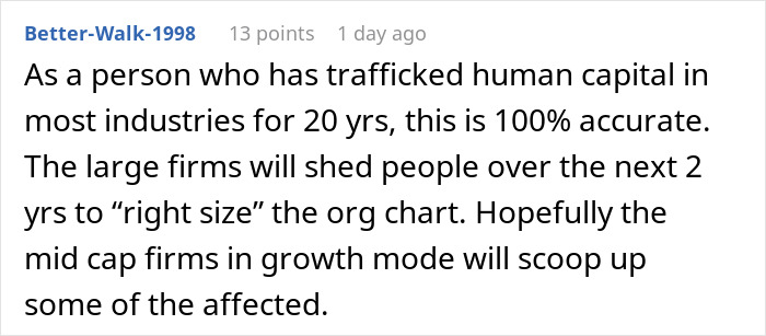 Comment discussing subtle red flags indicating job insecurity and organizational restructuring in various industries.