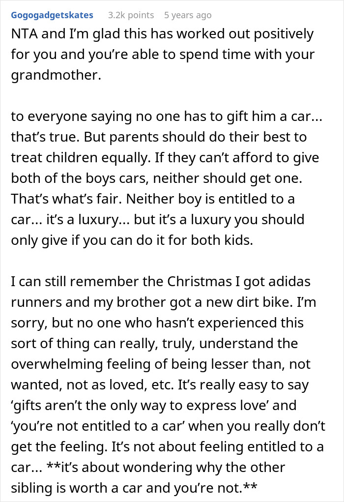 Comment discussing teen anger over stepbrother receiving a car for Christmas gift, viewed as parental favoritism. Comment discussing teen anger over stepbrother receiving a car for Christmas gift, viewed as parental favoritism.