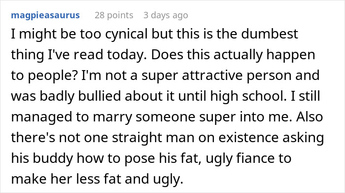 Screenshot of an online comment reacting to secret texts about fiance complaining about her appearance and wedding photos concerns. Screenshot of an online comment reacting to secret texts about fiance complaining about her appearance and wedding photos concerns.