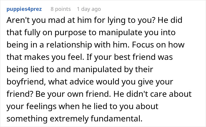 Screenshot of a Reddit comment discussing a 50-year-old guy lying about his age to his younger girlfriend. Screenshot of a Reddit comment discussing a 50-year-old guy lying about his age to his younger girlfriend.