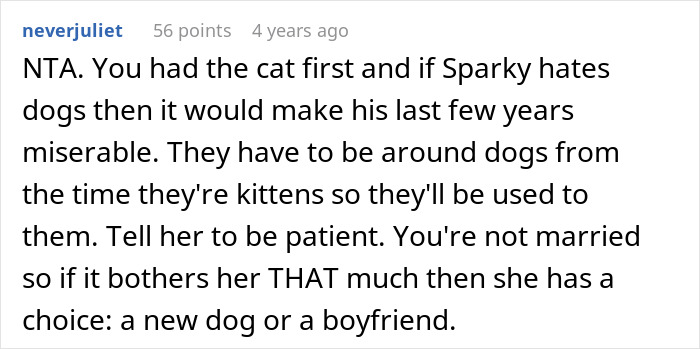 Comment discussing a woman upset her girlfriend won’t let her get a dog because of her old cat Sparky. Comment discussing a woman upset her girlfriend won’t let her get a dog because of her old cat Sparky.