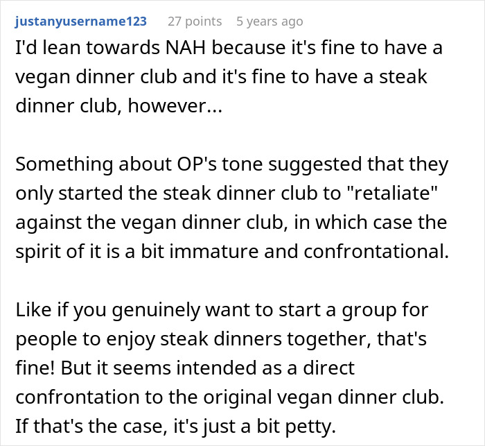 Comment discussing employee pushback against vegan-only club and starting a steak dinner club in retaliation. Comment discussing employee pushback against vegan-only club and starting a steak dinner club in retaliation.