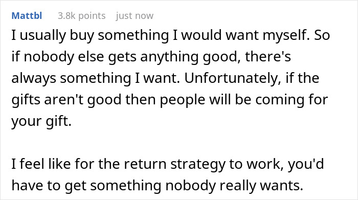 Screenshot of a Reddit comment discussing a strategy for white elephant gift returns and personal preferences.