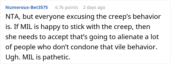 Screenshot of a Reddit comment discussing the ban of a MIL's creepy husband and a marriage falling apart. Screenshot of a Reddit comment discussing the ban of a MIL's creepy husband and a marriage falling apart.