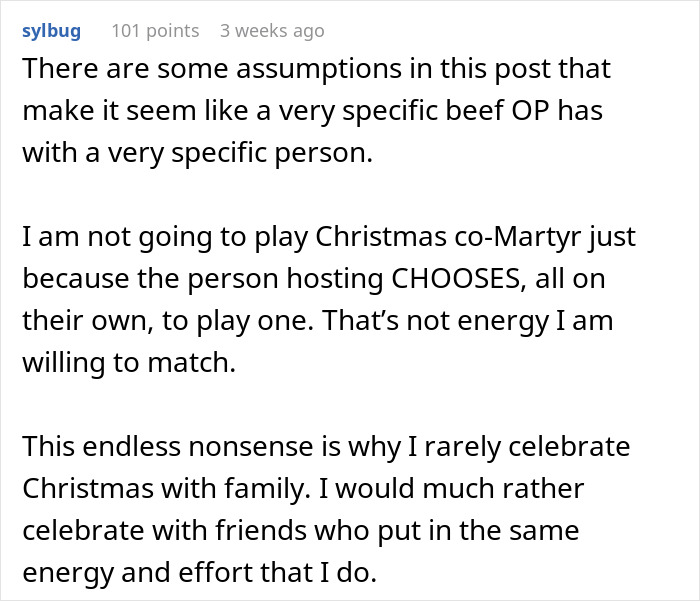 Screenshot of a Reddit comment discussing feminism and the unfair labor moms do during Christmas celebrations. Screenshot of a Reddit comment discussing feminism and the unfair labor moms do during Christmas celebrations.