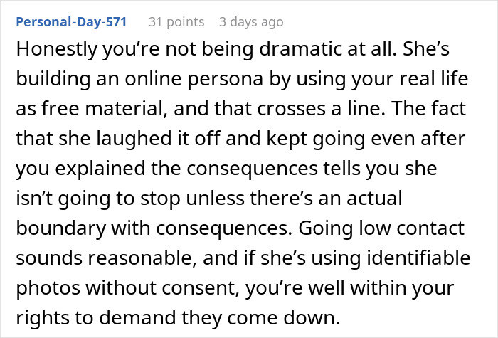 Screenshot of an online comment about a woman upset her sister built TikTok fame by lying using her real life story.