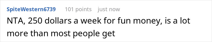 Screenshot of a Reddit comment discussing fun money amount and feeling poor despite receiving monthly allowance. Screenshot of a Reddit comment discussing fun money amount and feeling poor despite receiving monthly allowance.