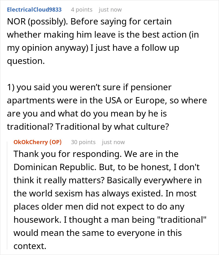 Comment conversation about traditional roles, sexism, and perspectives on grandpa waking up granddaughter to make food.