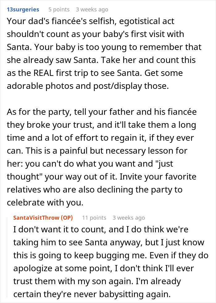 Step-grandma sneaks baby to Santa while watching him, causing loss of babysitting privileges and family trust issues. Step-grandma sneaks baby to Santa while watching him, causing loss of babysitting privileges and family trust issues.