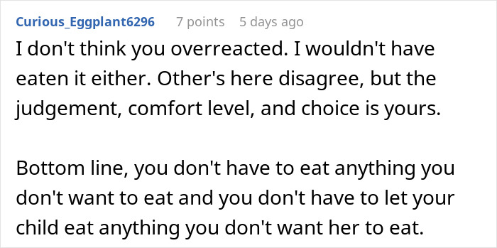 Comment discussing losing appetite and concerns about mother-in-law’s chicken preparation affecting choice to eat or feed child. Comment discussing losing appetite and concerns about mother-in-law’s chicken preparation affecting choice to eat or feed child.