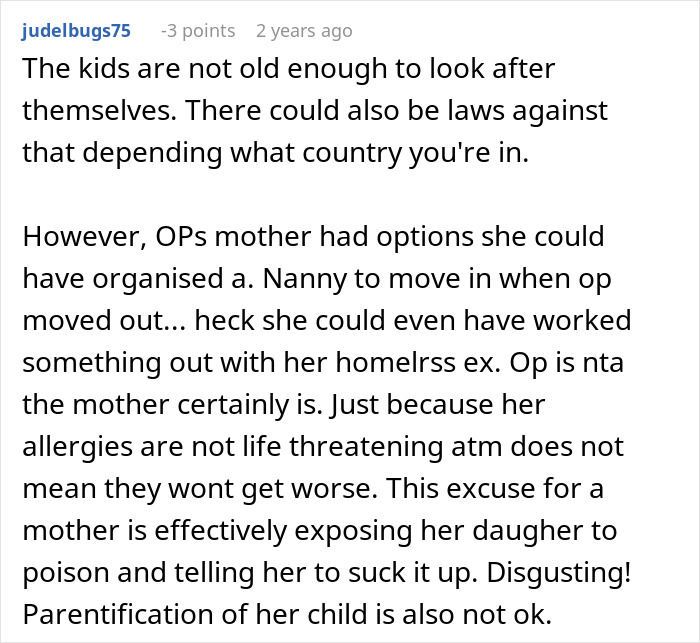 Comment discussing family conflict and childcare issues after 23-year-old moves out, leaving mom no childcare options. Comment discussing family conflict and childcare issues after 23-year-old moves out, leaving mom no childcare options.