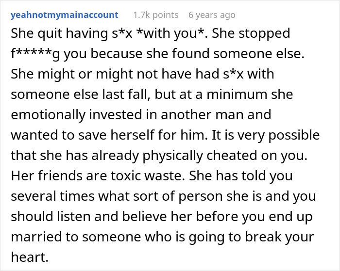 Text post by user yeahnotymainaccount discussing emotional and possible physical cheating before marriage causing heartbreak. Text post by user yeahnotymainaccount discussing emotional and possible physical cheating before marriage causing heartbreak.
