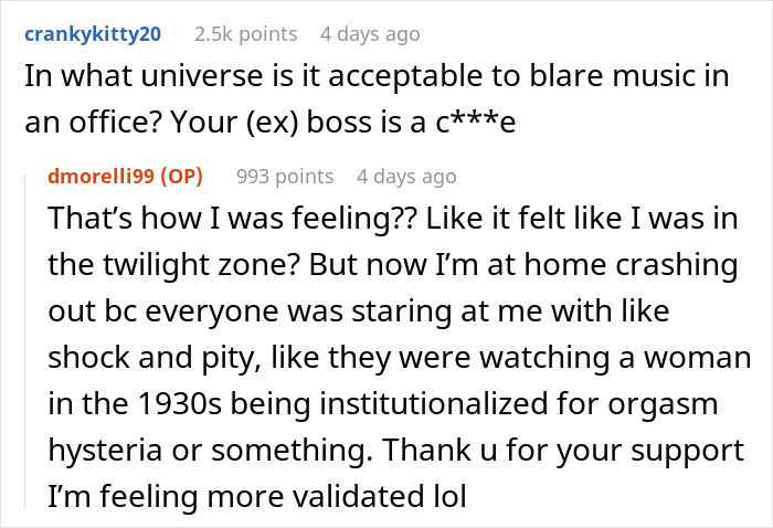 Screenshot of a Reddit conversation about a man blasting Christmas music in the office causing a coworker to rage quit.