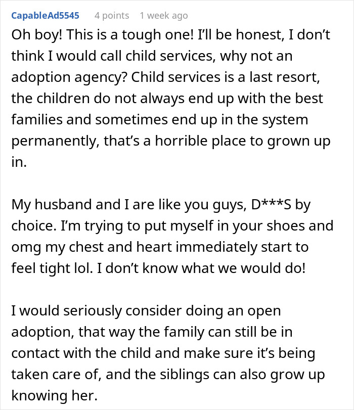 Comment discussing a childfree woman refusing responsibility for her sister’s new baby and considering open adoption.