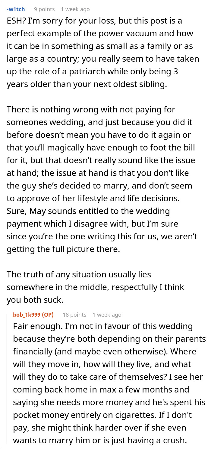 Screenshot of a Reddit thread discussing a financially unstable woman rushing into marriage after a bitter reality check.