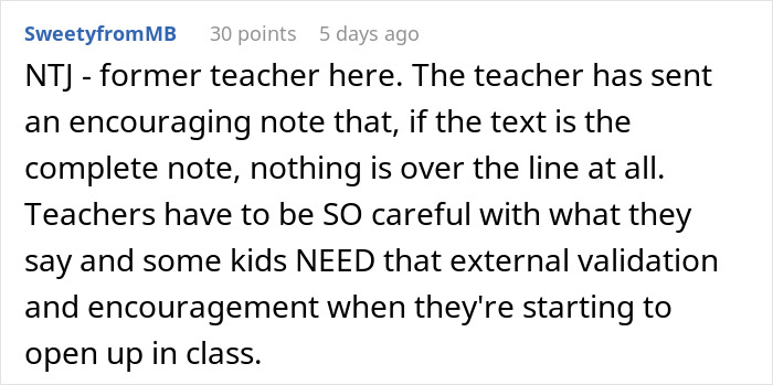 Comment from former teacher explaining teacher’s note and discussing mom furious over teacher’s inappropriate note to her son. Comment from former teacher explaining teacher’s note and discussing mom furious over teacher’s inappropriate note to her son.