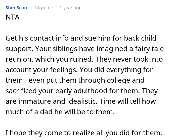 Comment text on a white background discussing siblings and a surprise, related to guy kicking siblings out after surprise plan. Comment text on a white background discussing siblings and a surprise, related to guy kicking siblings out after surprise plan.