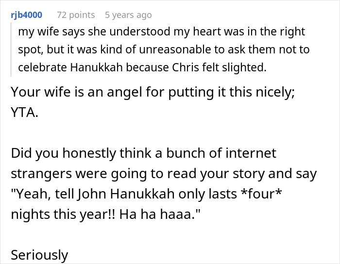 Reddit comment discussing dad demanding family skips Hanukkah gifts due to son's tantrum and being spoiled.