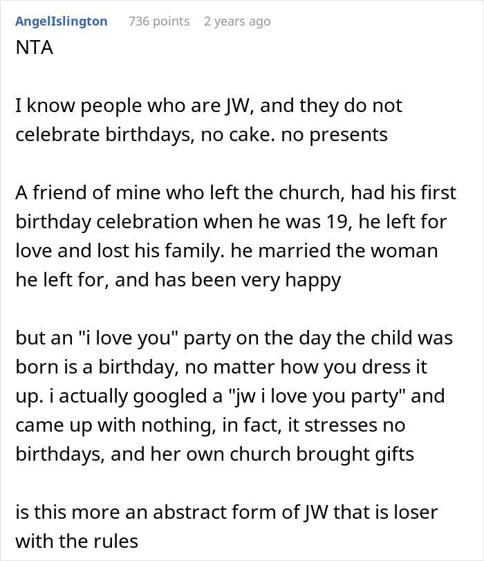 Comment discussing Jehovah's Witness mom celebrating kid's birthday under new name and family reactions to it.
