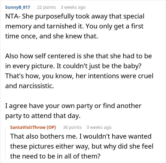 Step-grandma sneaks baby to Santa during visit, causing loss of babysitting privileges and family disputes over photos. Step-grandma sneaks baby to Santa during visit, causing loss of babysitting privileges and family disputes over photos.