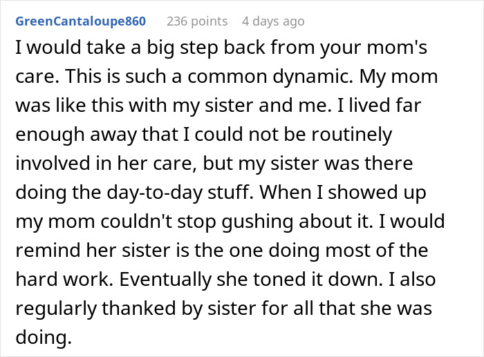 Alt text: Woman unaware of daughter's efforts, distracted by attention and flowers from her son in family care dynamic. Alt text: Woman unaware of daughter's efforts, distracted by attention and flowers from her son in family care dynamic.