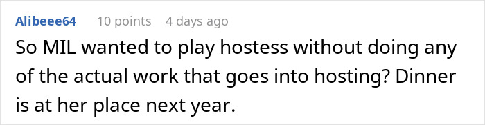 Comment discussing a mother-in-law wanting to host without doing the work for an expensive Thanksgiving dinner.
