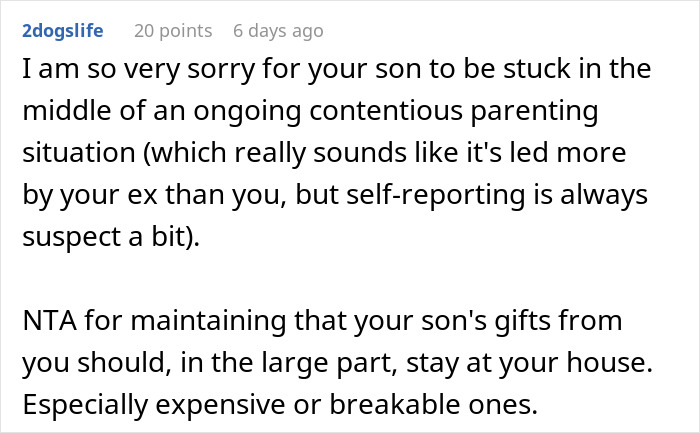 Screenshot of a Reddit comment discussing a dad protecting his son’s gift from his ex’s new family causing drama. Screenshot of a Reddit comment discussing a dad protecting his son’s gift from his ex’s new family causing drama.