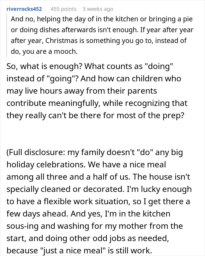 Comment discussing Christmas labor and adults claiming feminism while leaving moms to do all the work and preparation. Comment discussing Christmas labor and adults claiming feminism while leaving moms to do all the work and preparation.