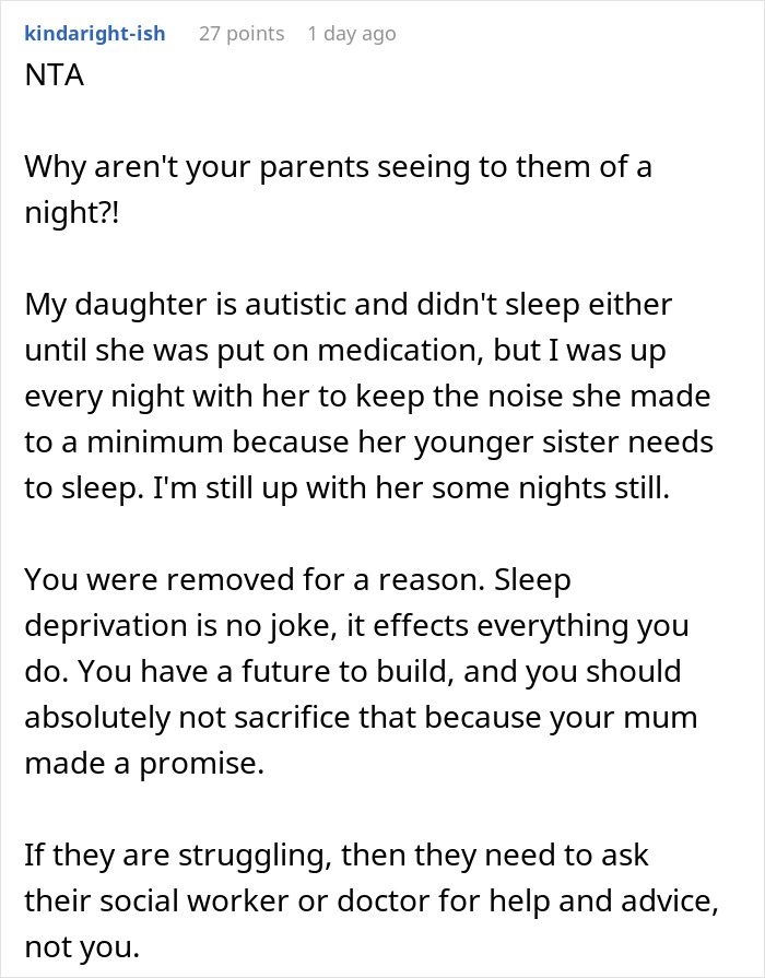 Screenshot of Reddit comment about an exhausted teen losing sleep due to autistic siblings' screaming and CPS involvement