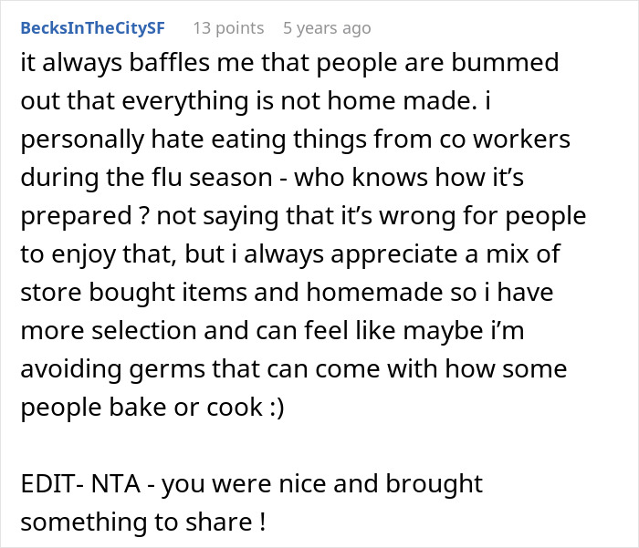 User comment discussing mixed feelings about store bought and homemade desserts at office potluck during flu season, avoiding dessert drama.