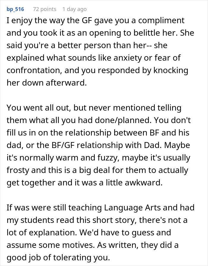 Commenter discussing a woman bending over backwards for boyfriend’s son and girlfriend and their disrespectful behavior toward her.