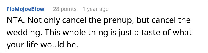 Screenshot of an online comment discussing future in-laws demanding a prenup and reacting to a wealthy family background.