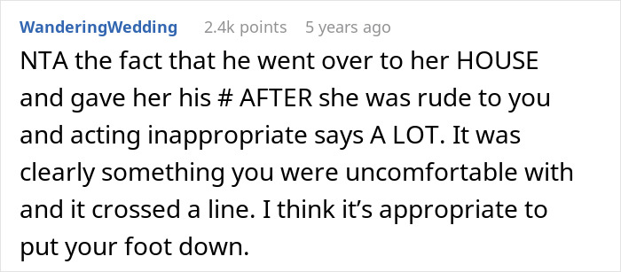 Screenshot of an online comment discussing a woman refusing to be a third wheel in her marriage over work-wife issues.
