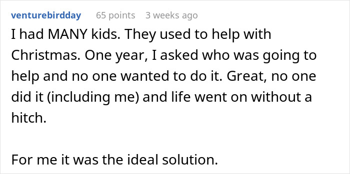 Comment from a woman discussing how adults claiming feminism leave moms to do all the Christmas labor. Comment from a woman discussing how adults claiming feminism leave moms to do all the Christmas labor.