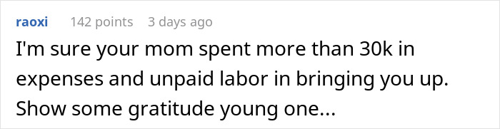 Screenshot of an online comment discussing a teen questioning what happened to her $30k while facing vague answers from her mom.