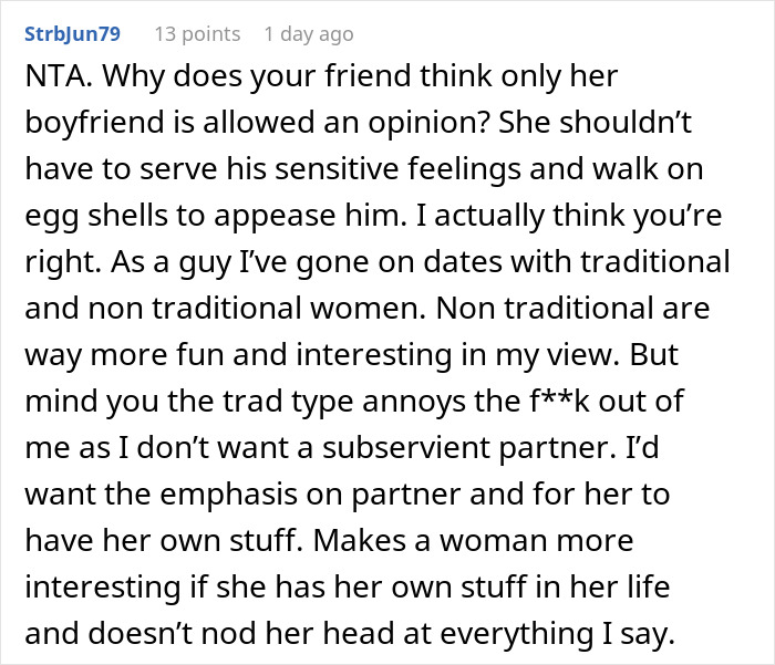 Comment discussing toxic man venting about traditional wives and reactions to his flawed logic in an online forum. Comment discussing toxic man venting about traditional wives and reactions to his flawed logic in an online forum.