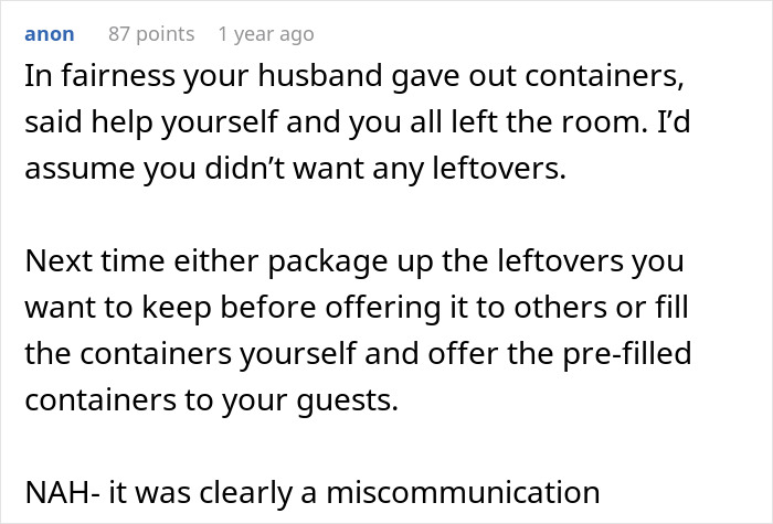 Comment discussing a Thanksgiving host left with empty fridge after family clears leftovers, suggesting better packaging next time.