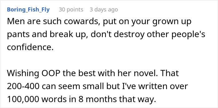 Screenshot of a Reddit comment about breaking up and confidence related to secret texts of fiancé complaining about appearance Screenshot of a Reddit comment about breaking up and confidence related to secret texts of fiancé complaining about appearance