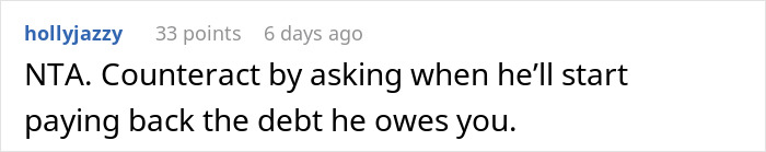 Reddit screenshot of a comment saying NTA, advice on repaying debt, referencing Lady shuts down the ATM family money dispute Reddit screenshot of a comment saying NTA, advice on repaying debt, referencing Lady shuts down the ATM family money dispute