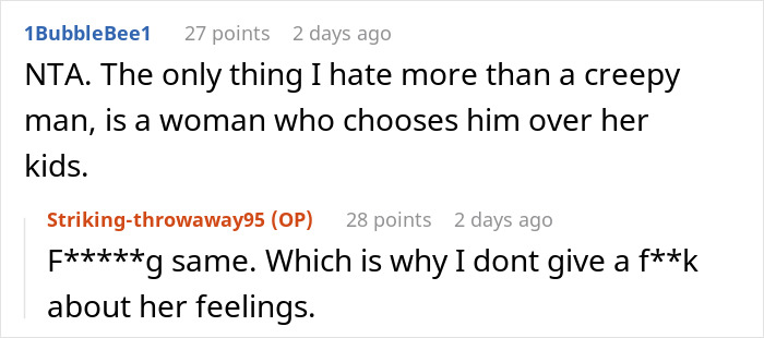 Online discussion about a woman banning MIL&rsquo;s creepy husband from her home causing marriage issues and family conflict.