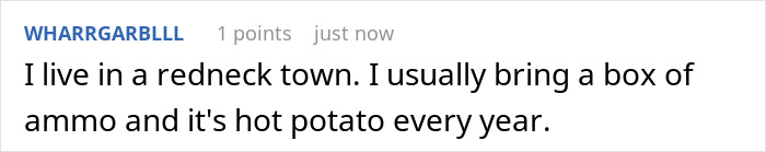 Screenshot of a forum comment about a redneck town where a guy steals his own white elephant gift during a hot potato game.