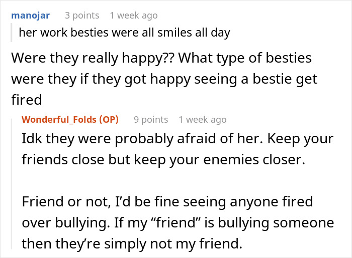 Alt text: Online discussion about a woman putting coworker on blast on social media and the shock of her being fired.