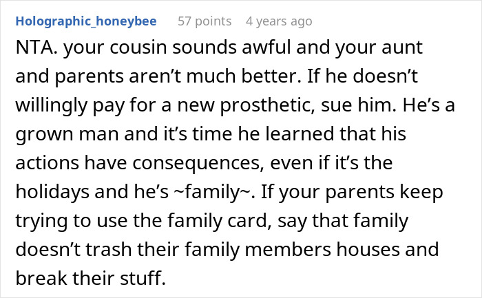 User’s comment on a family dispute about a cousin’s cruel prank and the aunt’s unexpected reaction to the demand for payment.