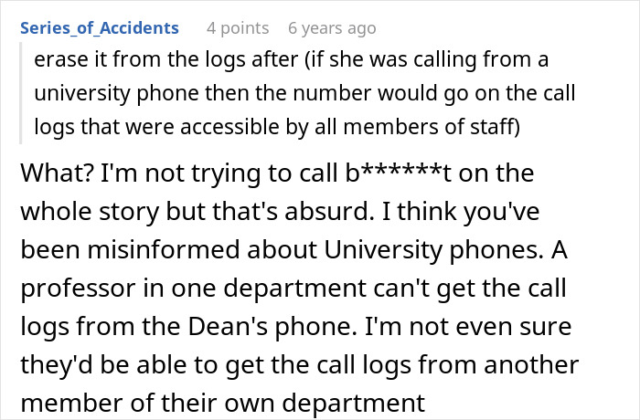 Screenshot of a Reddit comment discussing misinformation about university phone call logs in an academic department. Screenshot of a Reddit comment discussing misinformation about university phone call logs in an academic department.