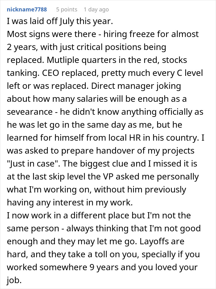 User comment describing subtle red flags and personal experiences indicating a job was not safe before layoffs occurred. User comment describing subtle red flags and personal experiences indicating a job was not safe before layoffs occurred.